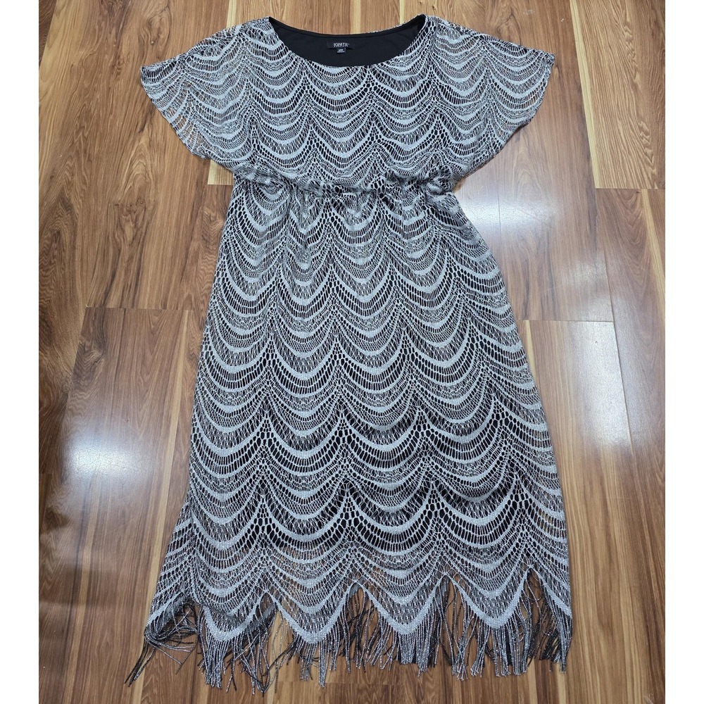 Ignite Evenings Vintage Dress Womens 22W Silver Lace Fringe Maxi Kaftan Gatsby